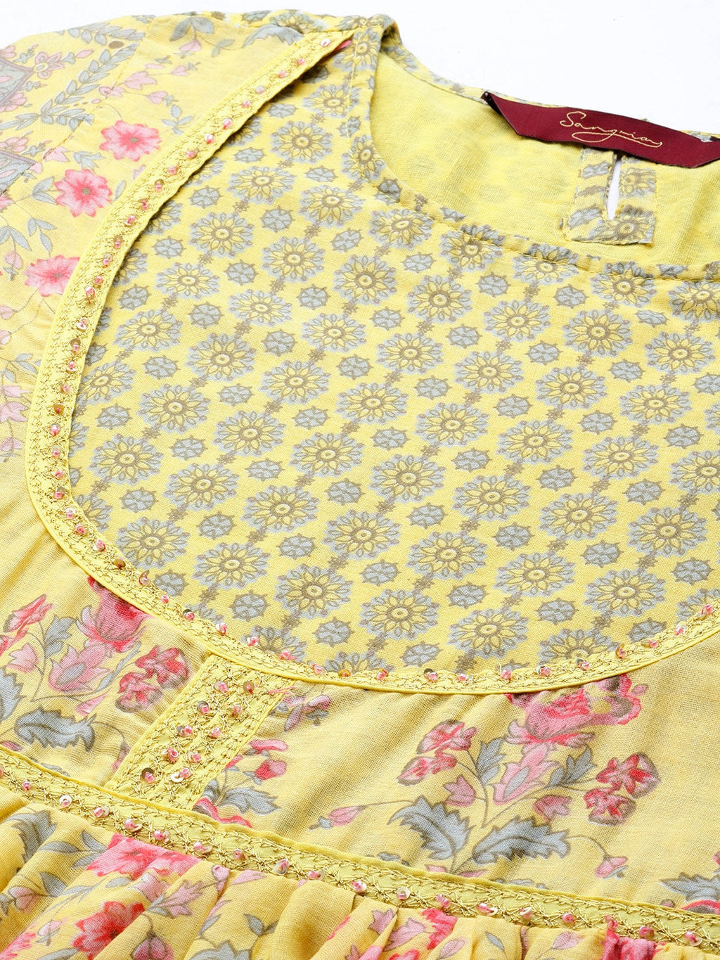 Sangria Women Yellow & Pink Floral Printed Anarkali Kurta | Grocsy