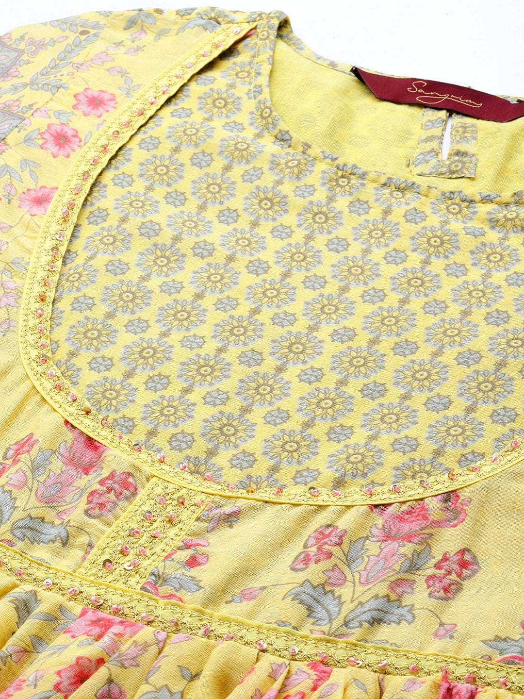 Sangria Women Yellow & Pink Floral Printed Anarkali Kurta | Grocsy