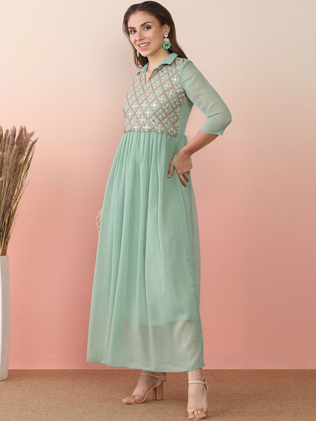 Sangria Sequin Embroidered Flared Anarkali Kurta | Grocsy