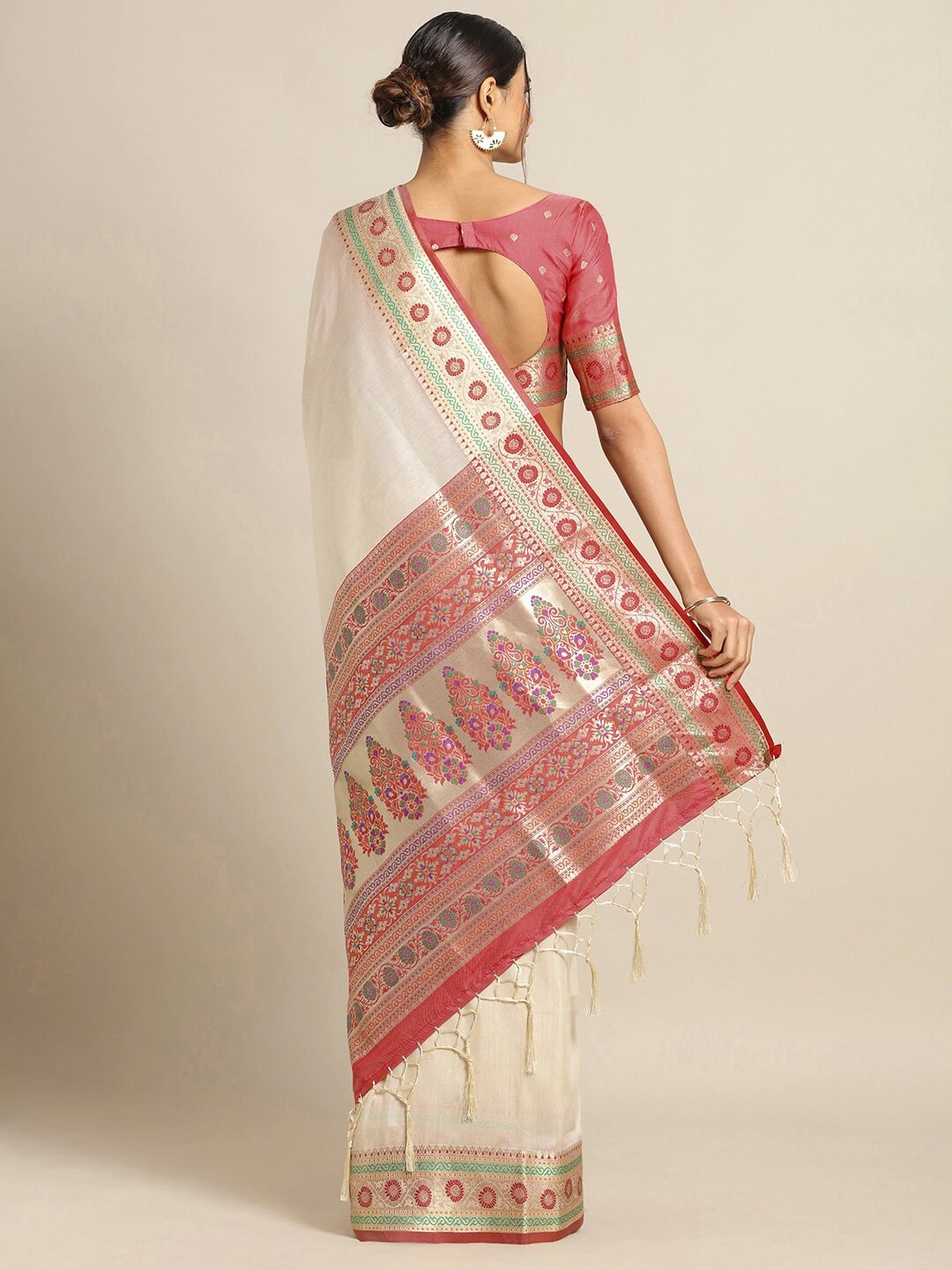Saree Mall Cream Silk Blend Banarasi Sarees | Grocsy