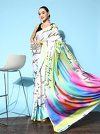 Tikhi Imli Off White & Green Abstract Print Satin Saree | Grocsy