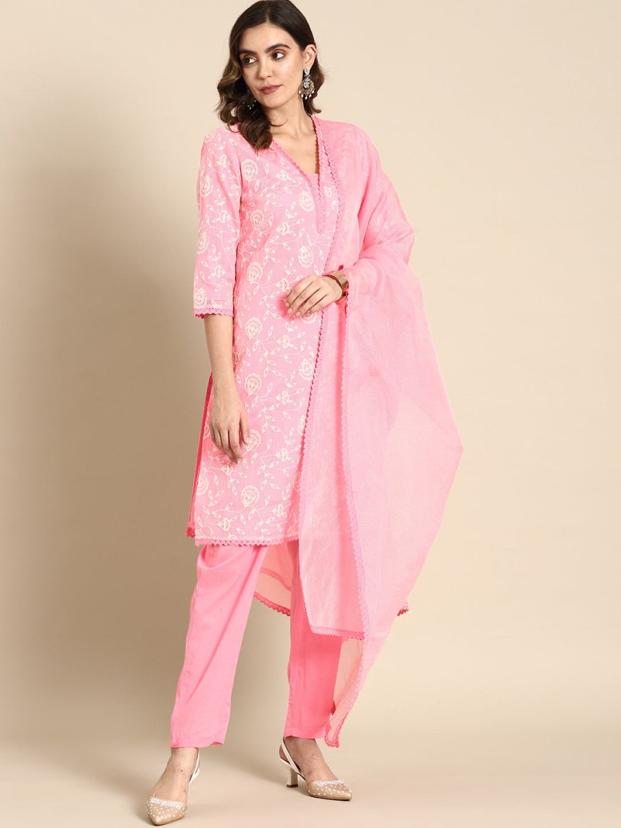 All About You Women Floral Embroidered Regular Kurta with Trousers & Dupatta | Grocsy