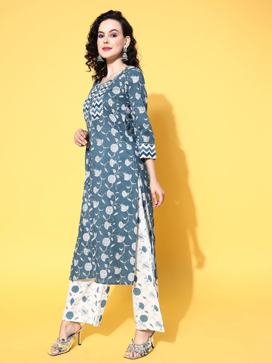 All About You Blue Floral Printed Gotta Patti Pure Cotton Kurta With Trousers & Dupatta | Grocsy