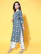 All About You Blue Floral Printed Gotta Patti Pure Cotton Kurta With Trousers & Dupatta | Grocsy