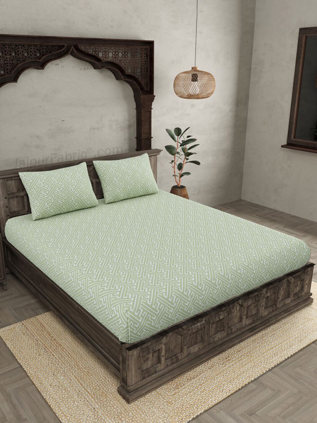 JAIPUR FABRIC Green & White Ethnic Motifs 250 TC Cotton King Bedsheet with 2 Pillow Covers | Grocsy