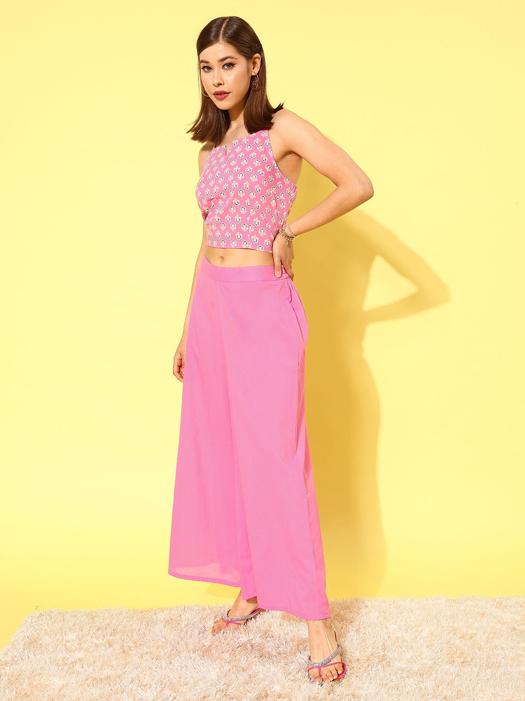 HERE&NOW Women Pink Floral Printed Regular Pure Cotton Kurta with Palazzos | Grocsy