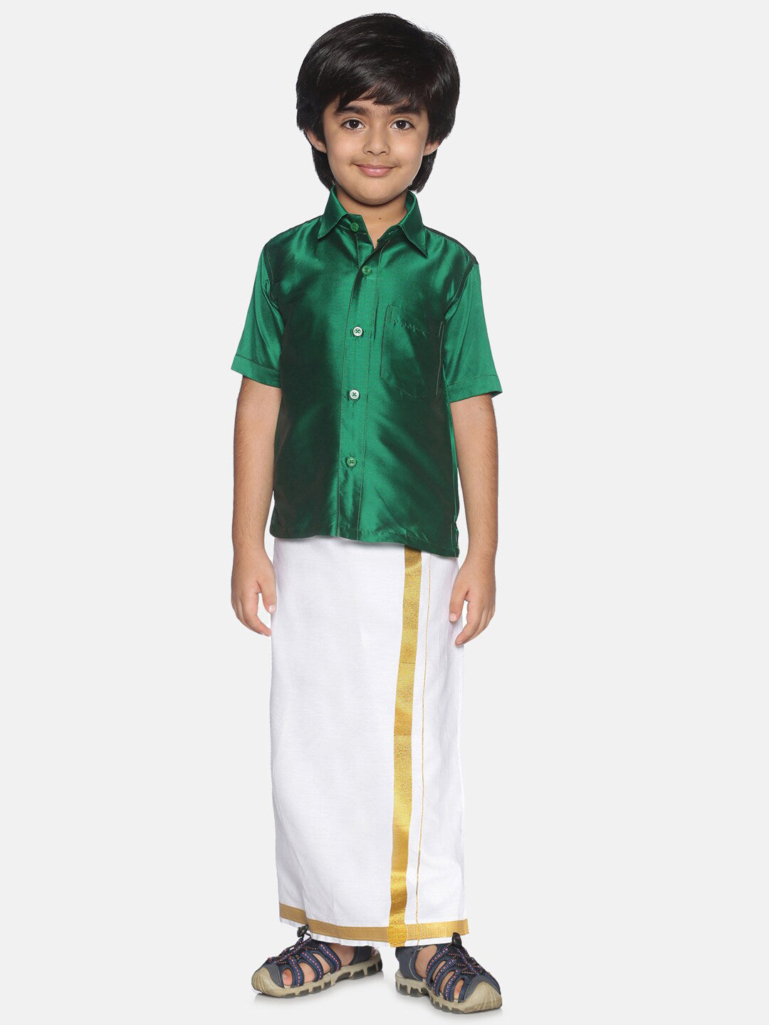 Sethukrishna Boys Green & White Solid Shirt and Dhoti Set | Grocsy