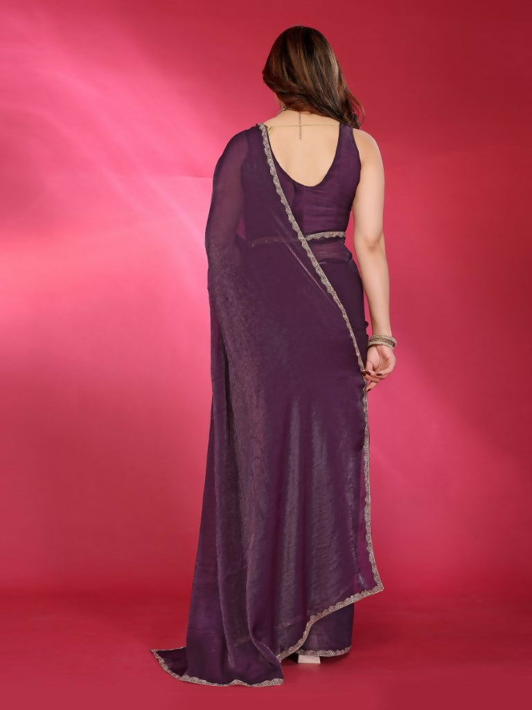 PR Fashion Wine Jimmy Choo Fabric Palin With Work Lace Saree | Grocsy