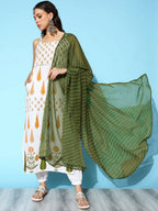 Ahalyaa Women's White Colour Pure Cotton Pigment Printed Kurta Pant Set With Dupatta | Grocsy