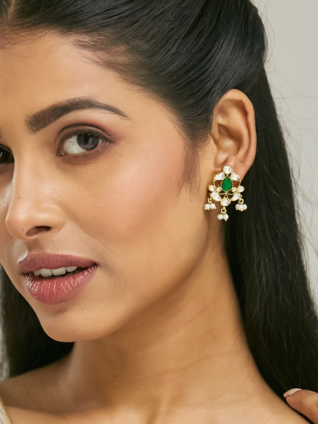 Nuyug 22K Gold-Plated Elegant Kundan & Green Stone Studded Pearl Drops Studs | Grocsy