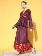 InWeave Women's Wine Red Brocade Mughal Shaan Kurta Palazzo Set | Grocsy