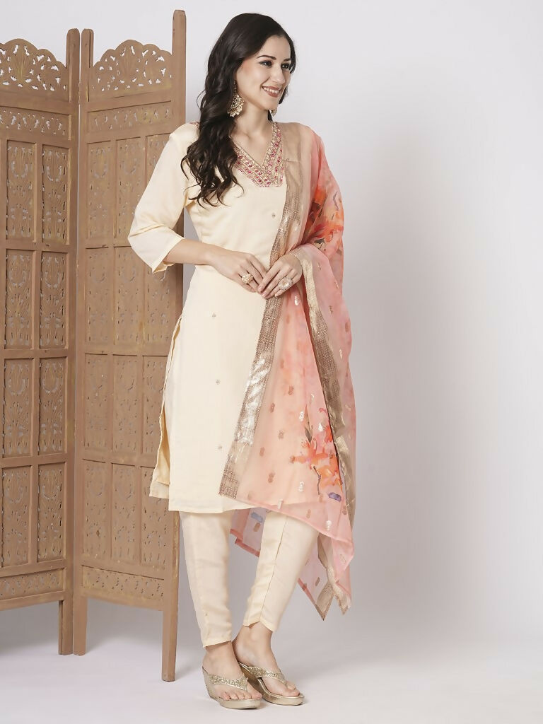 Peach PV Chanderi Embroidery Work,Printed Kurta Set - Riya | Grocsy
