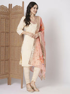 Peach PV Chanderi Embroidery Work,Printed Kurta Set - Riya | Grocsy
