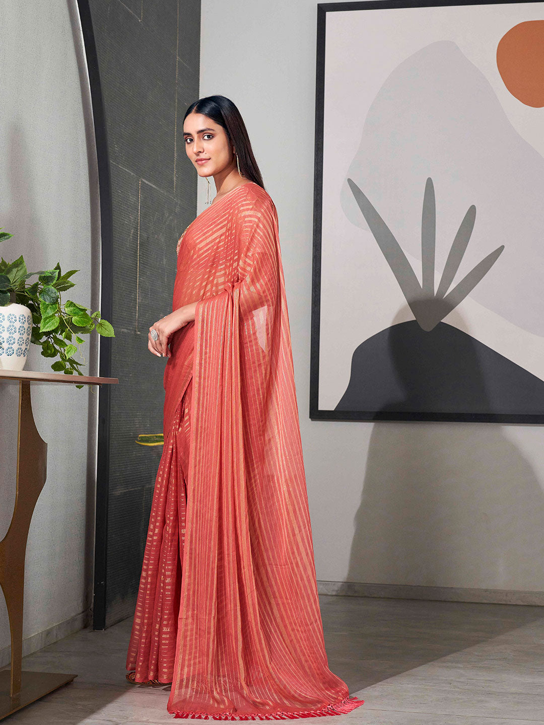 Tikhi Imli Striped Chiffon Ready to Wear Saree | Grocsy