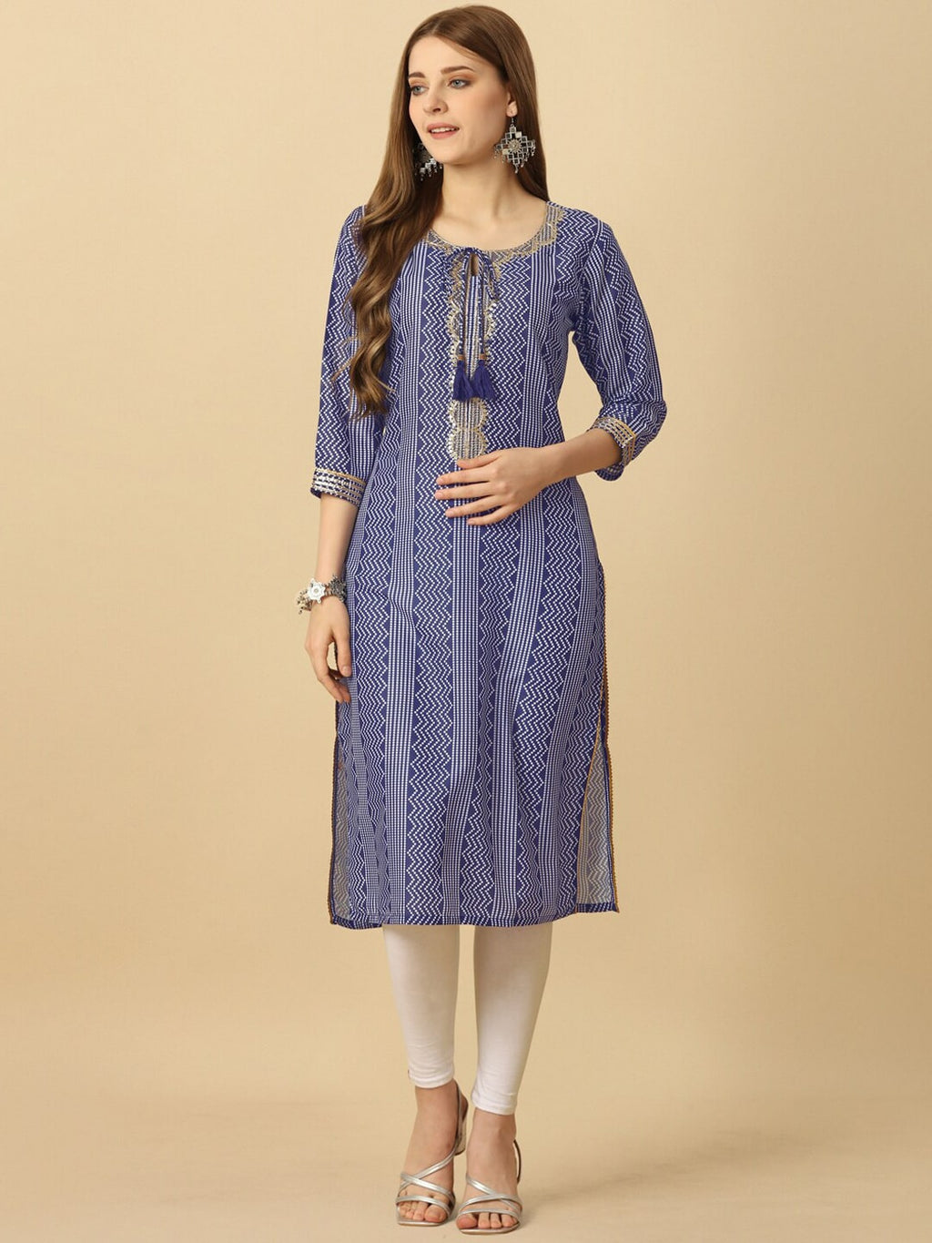 HERE&NOW Blue & White Tie-Up Neck Bandhani Printed Sequined Straight Kurta | Grocsy