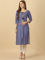 HERE&NOW Blue & White Tie-Up Neck Bandhani Printed Sequined Straight Kurta | Grocsy