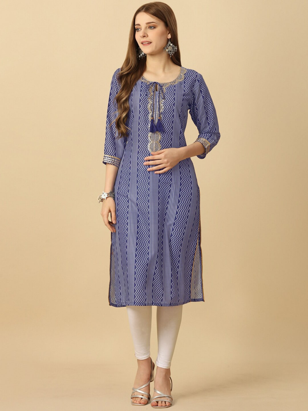 HERE&NOW Blue & White Tie-Up Neck Bandhani Printed Sequined Straight Kurta | Grocsy