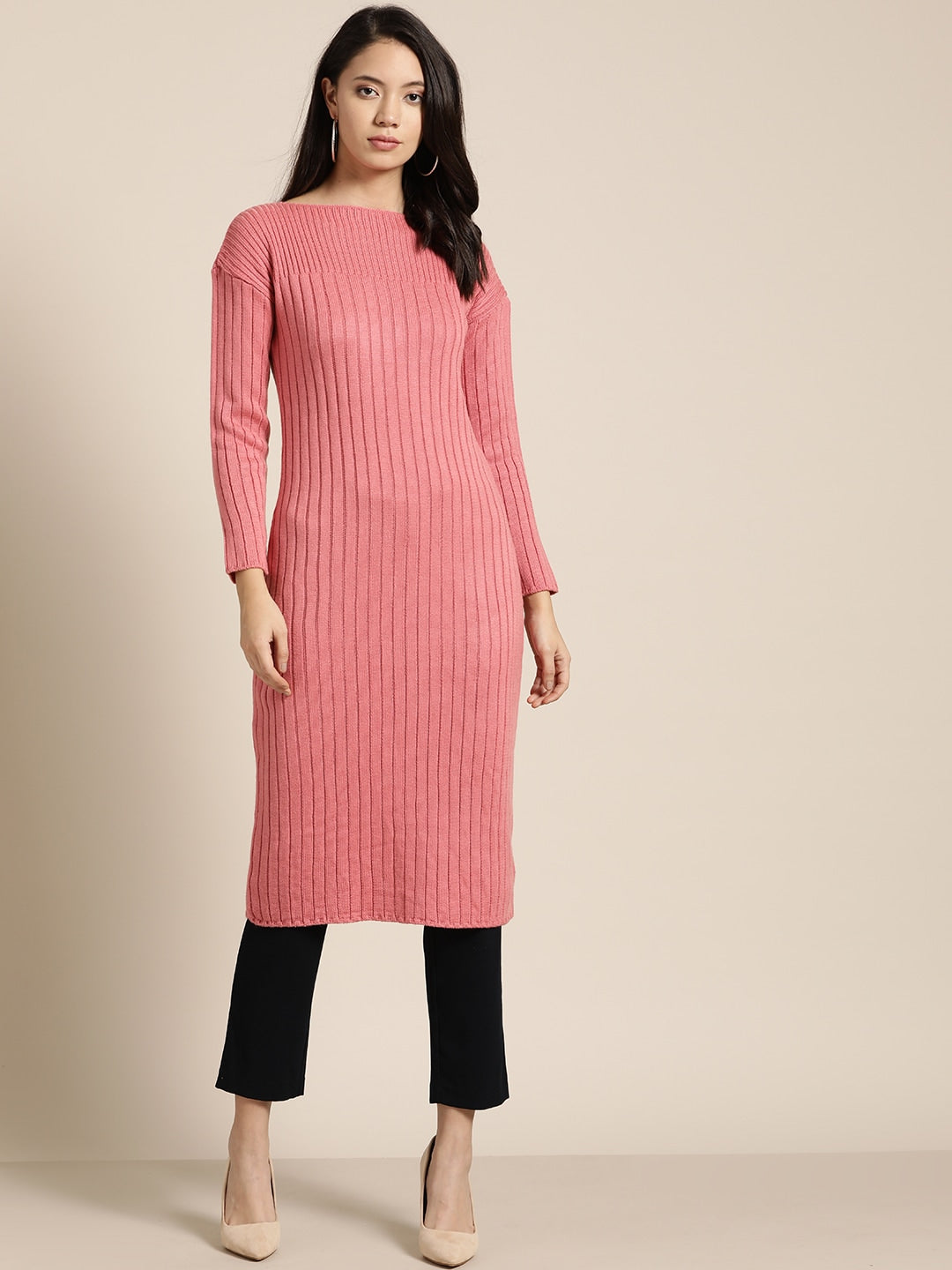 Sangria Pink Self-Striped Straight Winter Kurta | Grocsy