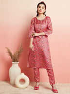 Aks Floral Printed Round Neck Kurta With Trousers | Grocsy