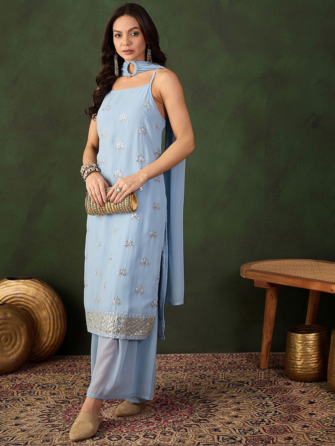 Sangria Sequined Straight Kurta & Sharara With Dupatta | Grocsy