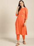 Sangria Women Orange & Yellow Printed Kurta with Trousers | Grocsy