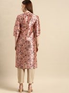 All About You Women Dusty Pink Floral Block Print Chanderi Silk Blend Straight Kurta | Grocsy