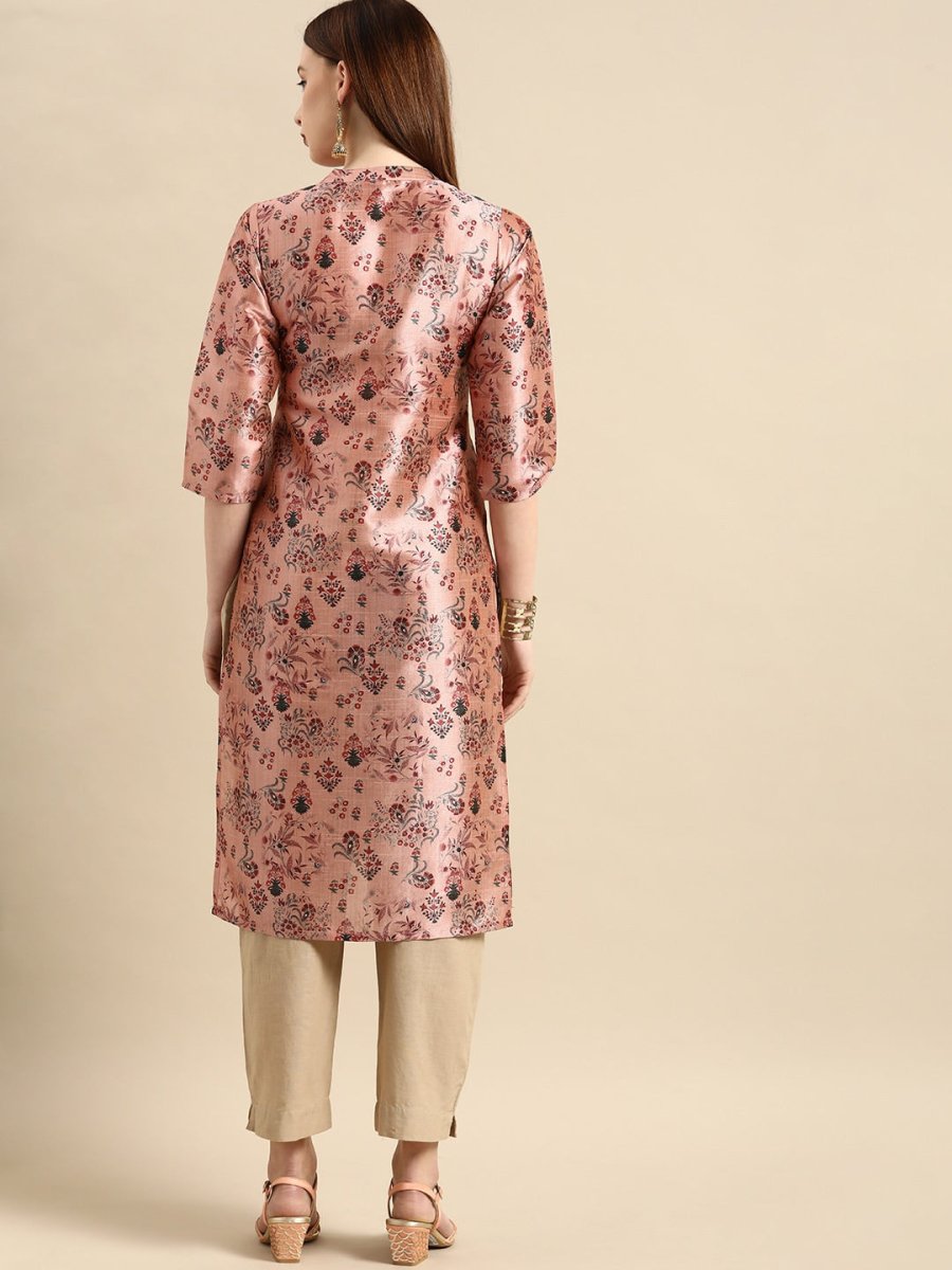 All About You Women Dusty Pink Floral Block Print Chanderi Silk Blend Straight Kurta | Grocsy