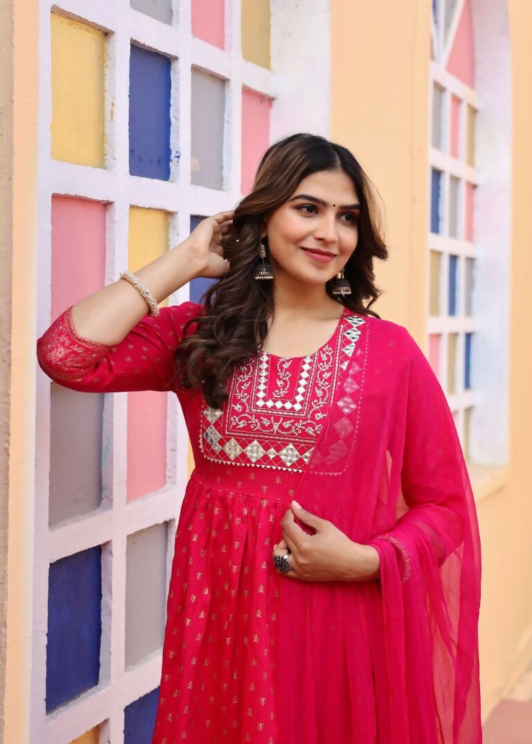 Alvano Women's A-line Naira Cut Embroidery work Print Kurti with Pant and Dupatta set Rayon (Red) | Grocsy