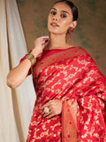 Sangria Red Floral Woven Design Zari Kanjeevaram Saree | Grocsy