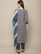 Sangria Women Navy Blue Floral Printed Pure Cotton Kurti with Trousers & With Dupatta | Grocsy