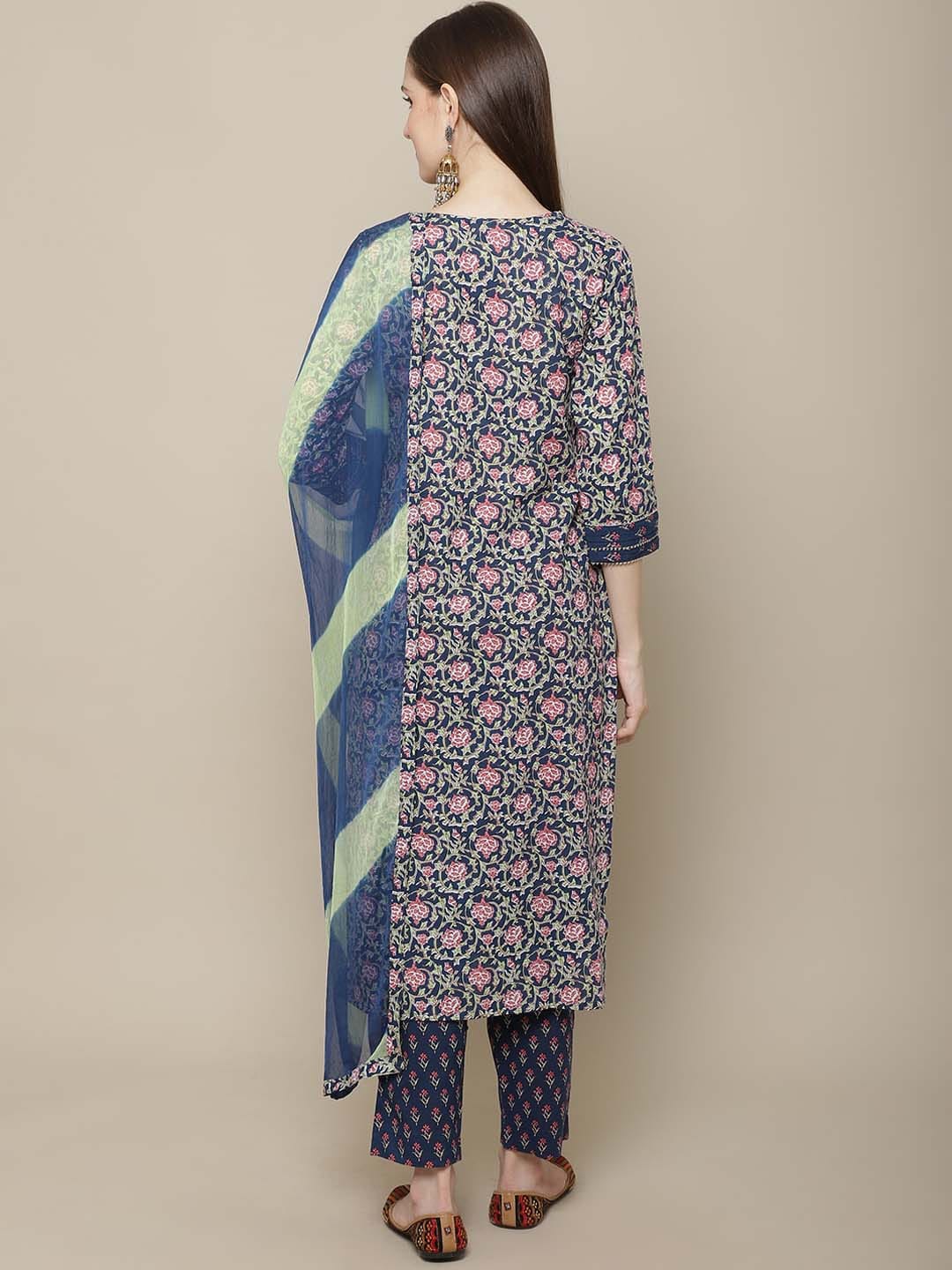Sangria Women Navy Blue Floral Printed Pure Cotton Kurti with Trousers & With Dupatta | Grocsy