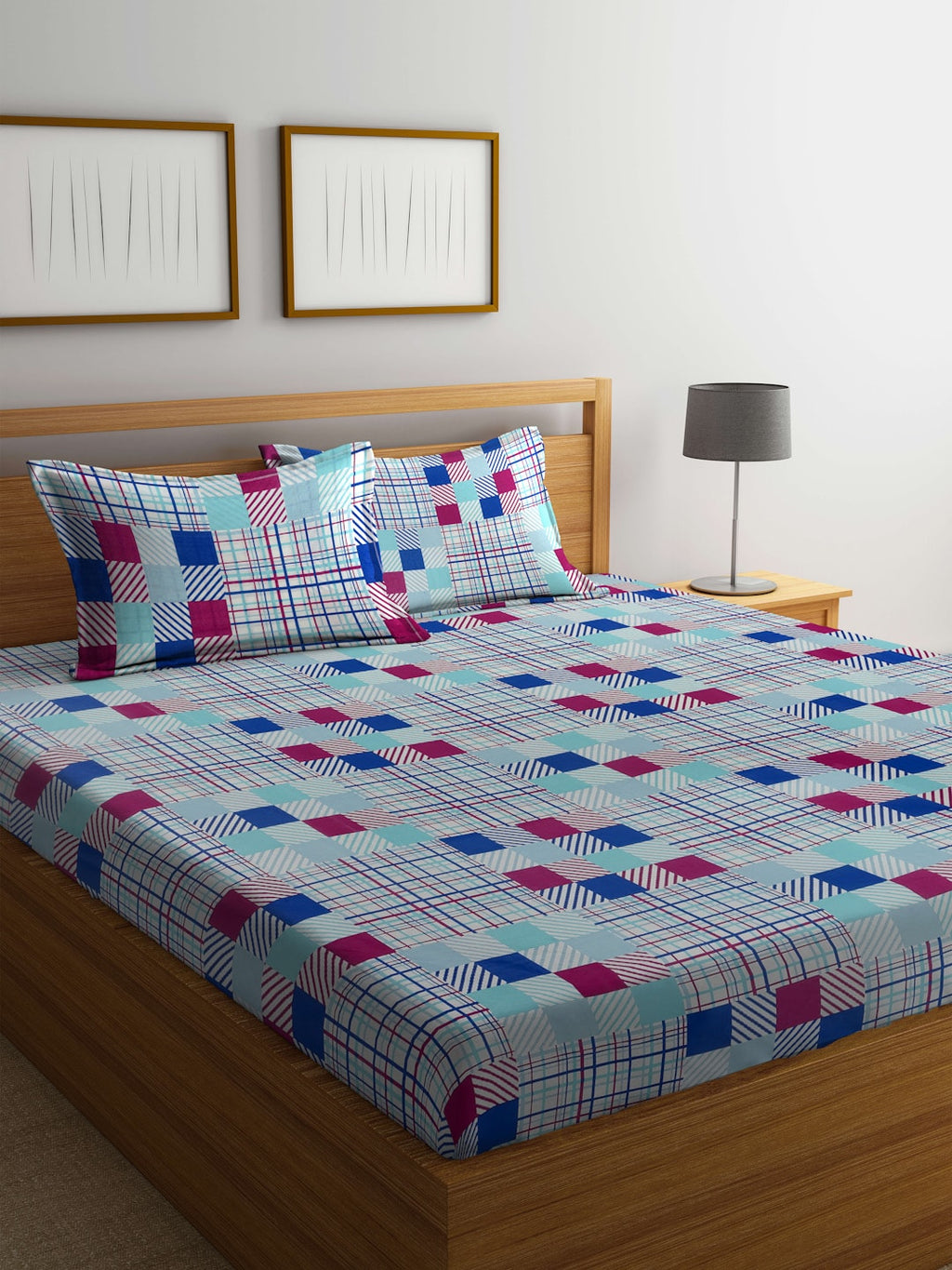 BOMBAY DYEING Marigold Blue Geometric Cotton 104 TC King Bedsheet With 2 Pillow Covers | Grocsy