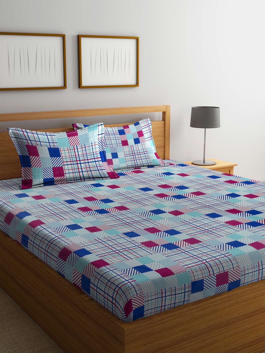 BOMBAY DYEING Marigold Blue Geometric Cotton 104 TC King Bedsheet With 2 Pillow Covers | Grocsy