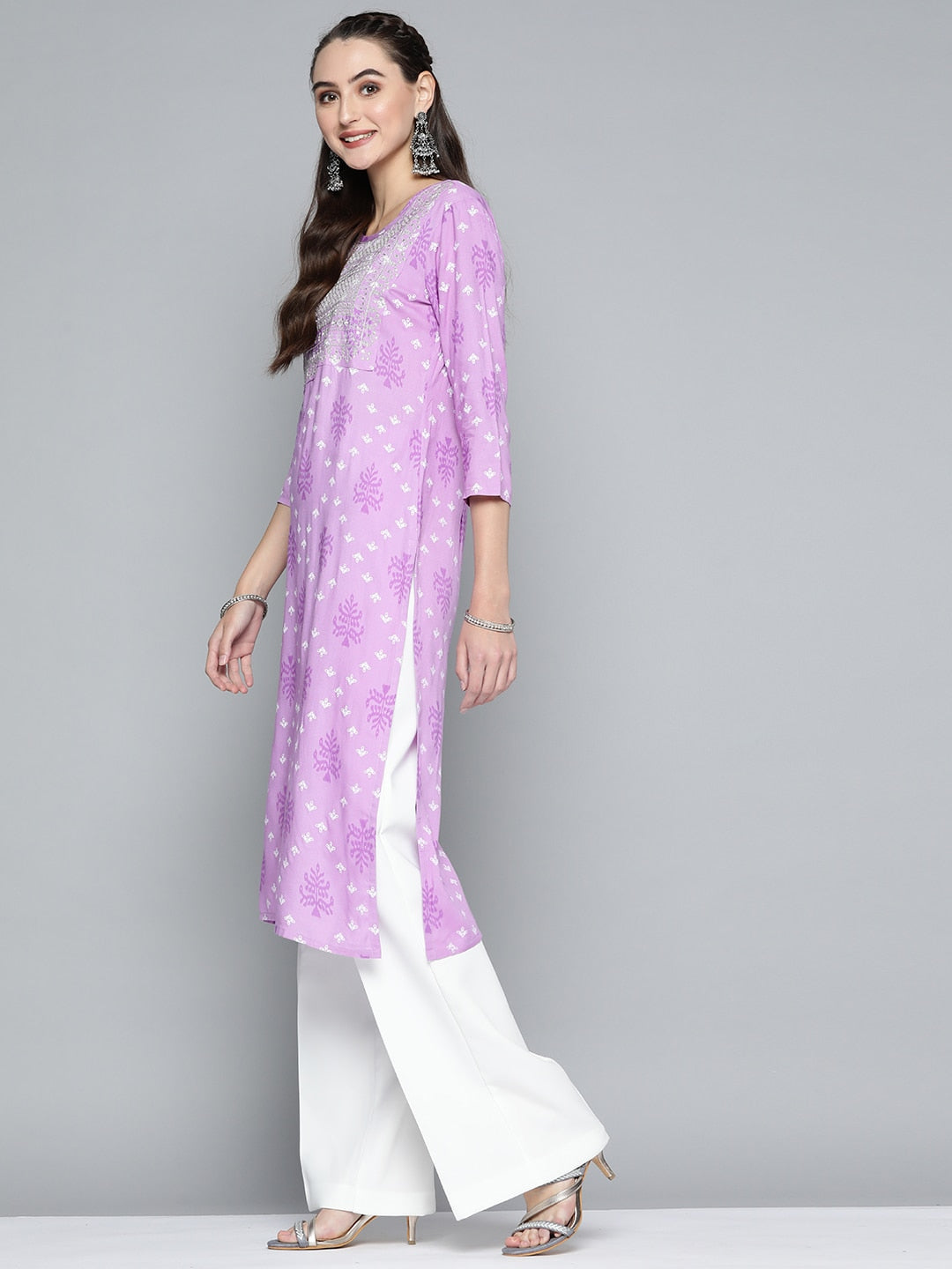 HERE&NOW Women Purple & White Ethnic Motifs Printed Embroidered Work Kurta | Grocsy