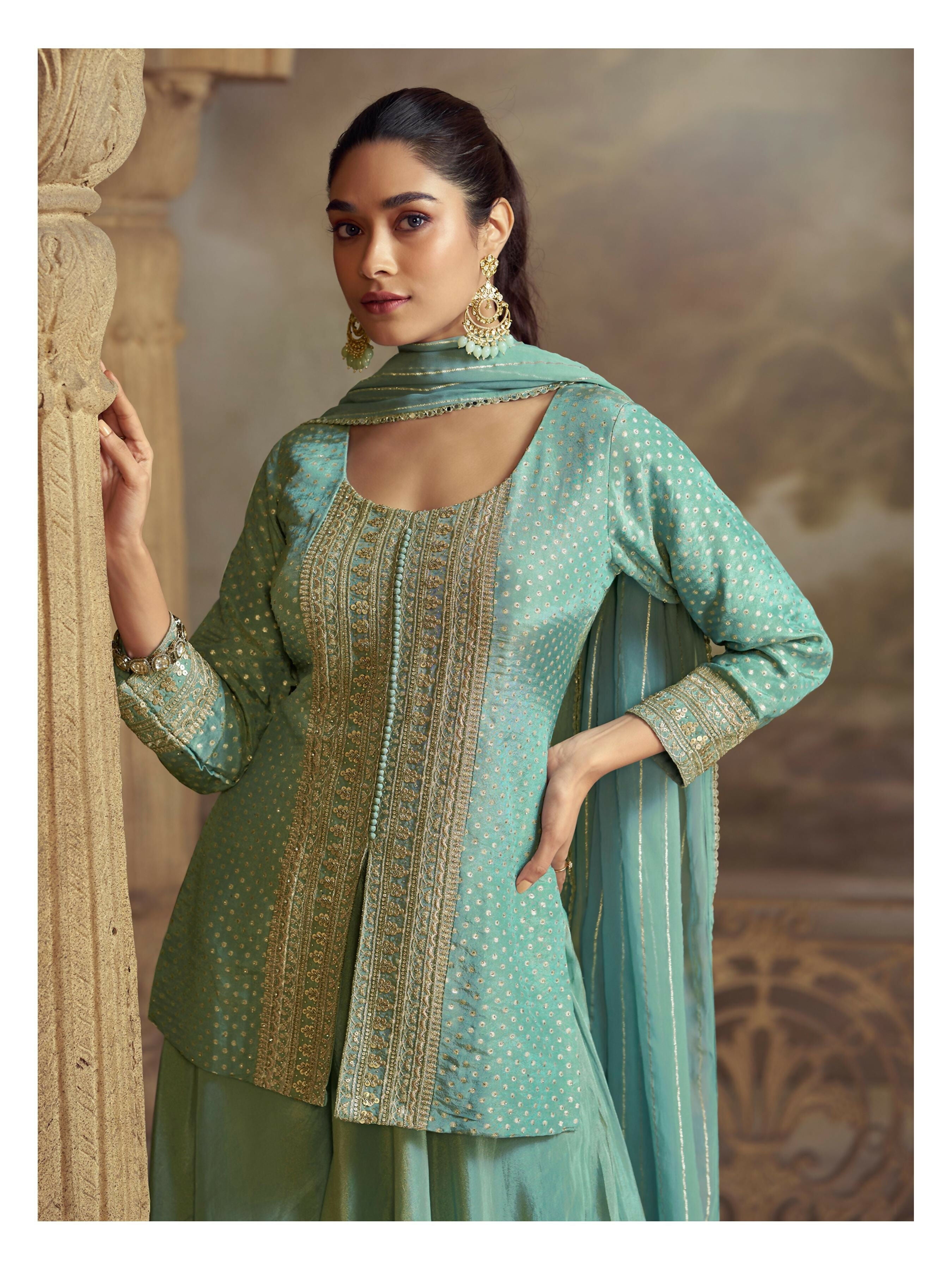 Anaita Sky Blue Georgette Readymade Suit with Embroidery Work | Grocsy