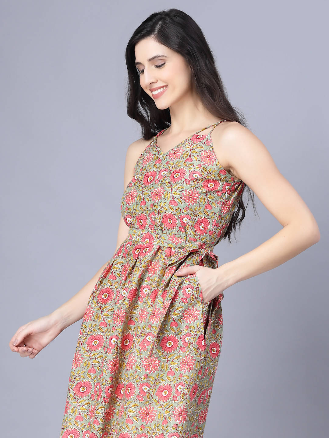 Myshka Cotton Printed Sleeveless Shoulder Straps Multicolor Women Dress | Grocsy