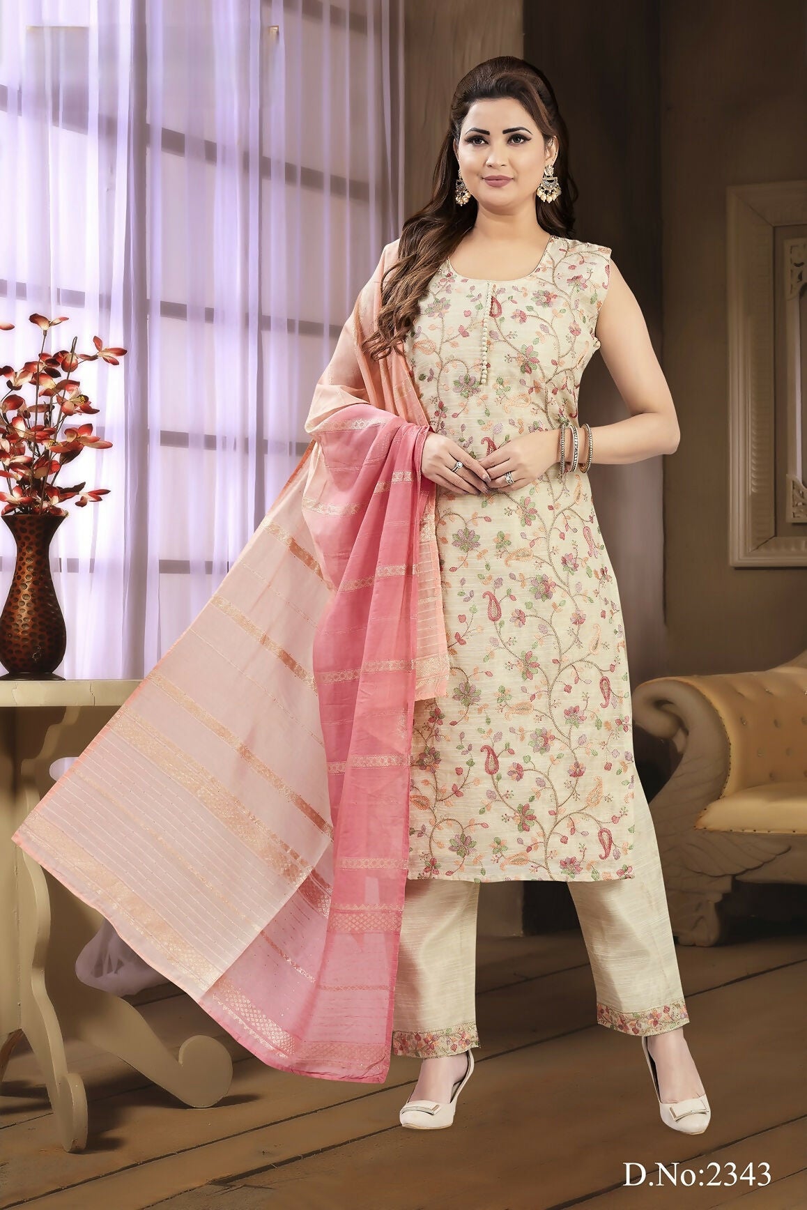 Joban Fashion Women Tissue Cream Round Neck Emroidery Kurta Set | Grocsy