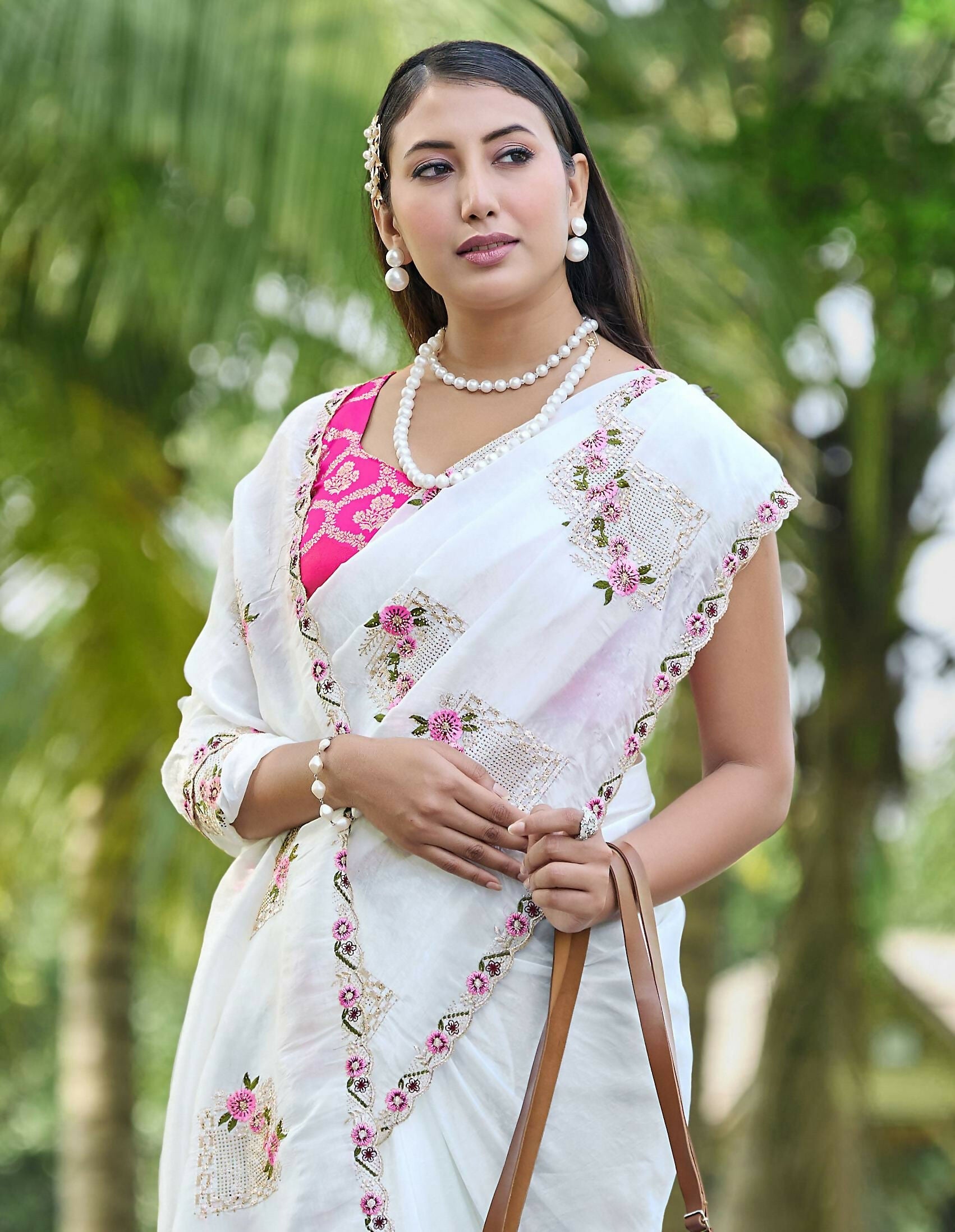 Teeya Creation White Color Pure Paper Silk Heavy Embroidery Work Wedding Wear Saree | Grocsy