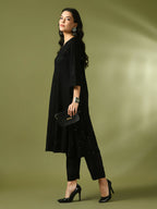 Myshka Women's Black Embroidered Cotton A-Line Party Kurta Set | Grocsy