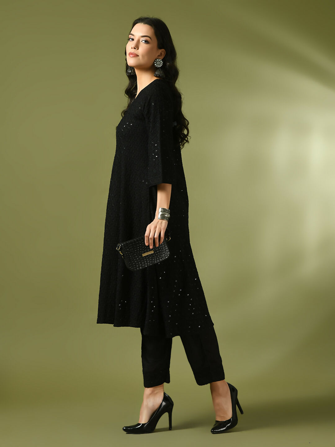 Myshka Women's Black Embroidered Cotton A-Line Party Kurta Set | Grocsy