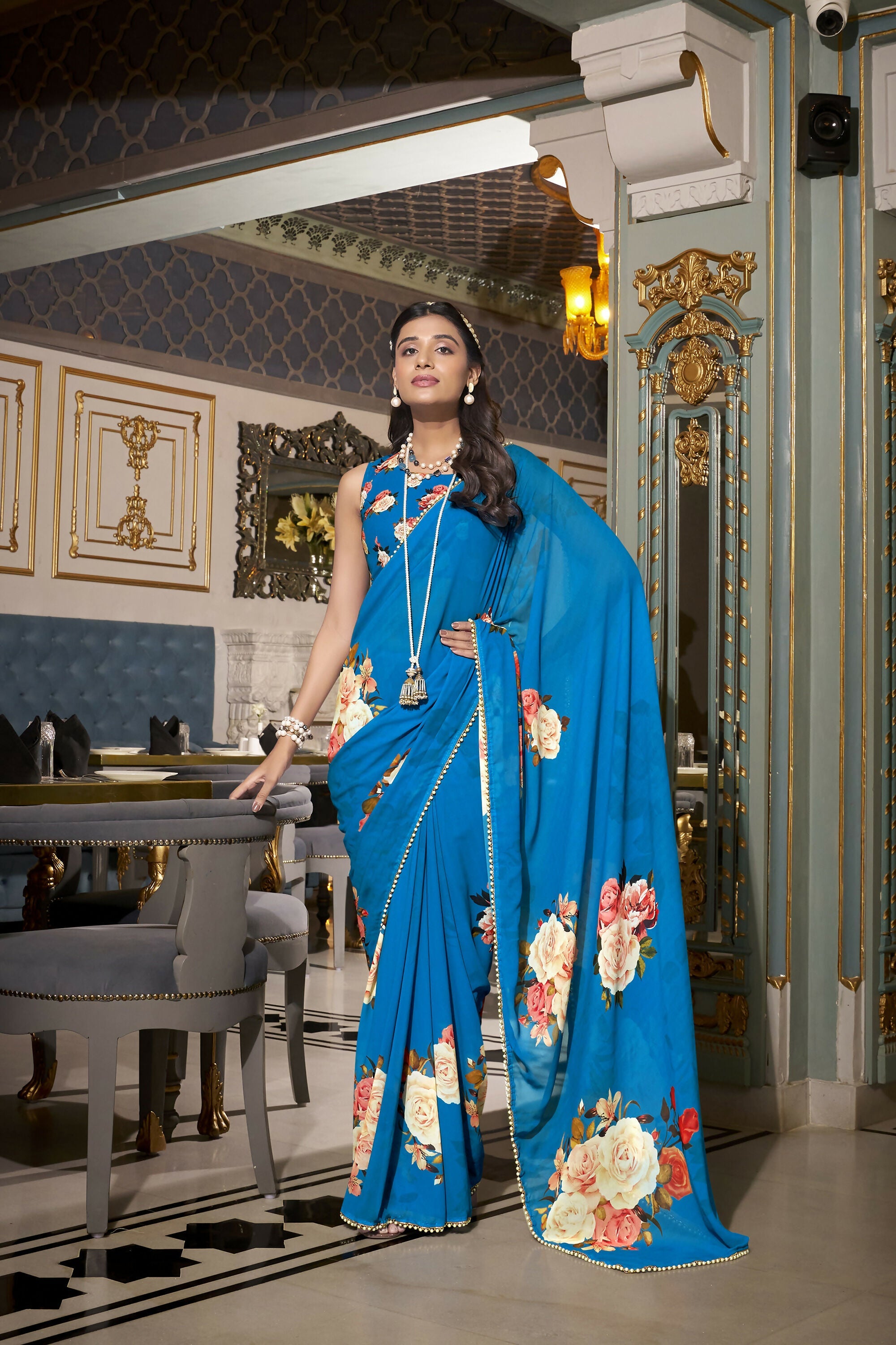 Vastranavya Firozi Spectacular Georgette Printed with Pearl Lace Saree with Unstitched Blouse | Grocsy