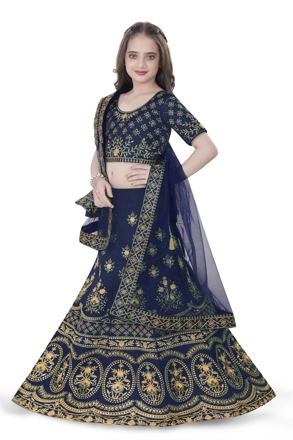 Dwiden Navy Blue Lehriyu Tafetta Sattin Semi-Stitched Girl's Lehenga Choli | Grocsy