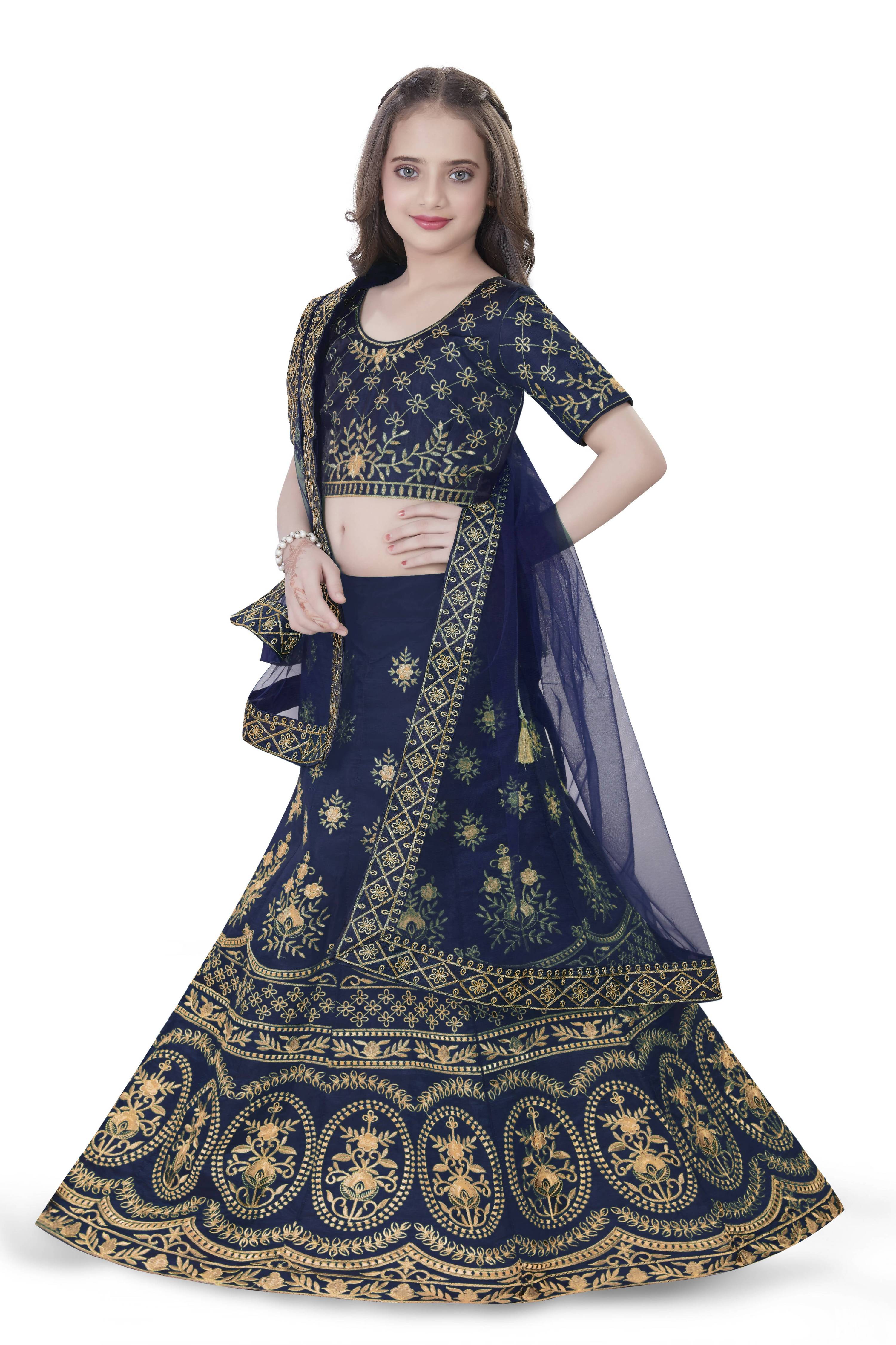 Dwiden Navy Blue Lehriyu Tafetta Sattin Semi-Stitched Girl's Lehenga Choli | Grocsy