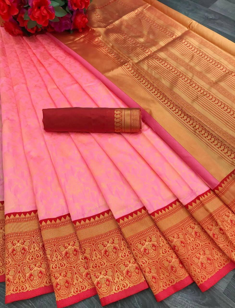 DEIANA'S Beautiful Designer Golden zari Soft Lichi Silk Saree - Peach | Grocsy
