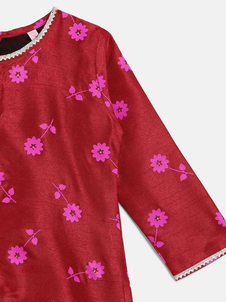 Ahalyaa Red Poly Silk Straight Printed Kids Kurta Palazzo Set For Girls | Grocsy