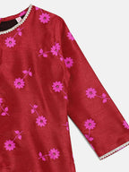 Ahalyaa Red Poly Silk Straight Printed Kids Kurta Palazzo Set For Girls | Grocsy