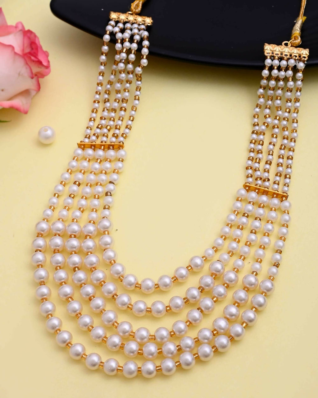 VOJ Gold-Polished Multi Layered Pearl Maharani Necklace | Grocsy