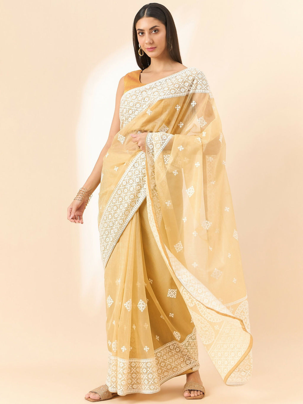 Beige Organza Geometric Embroidered Saree with Unstitched Blouse Piece - Roozal | Grocsy