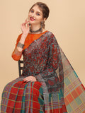 Sangria Grey & Red Beads and Stones Pure Linen Saree | Grocsy