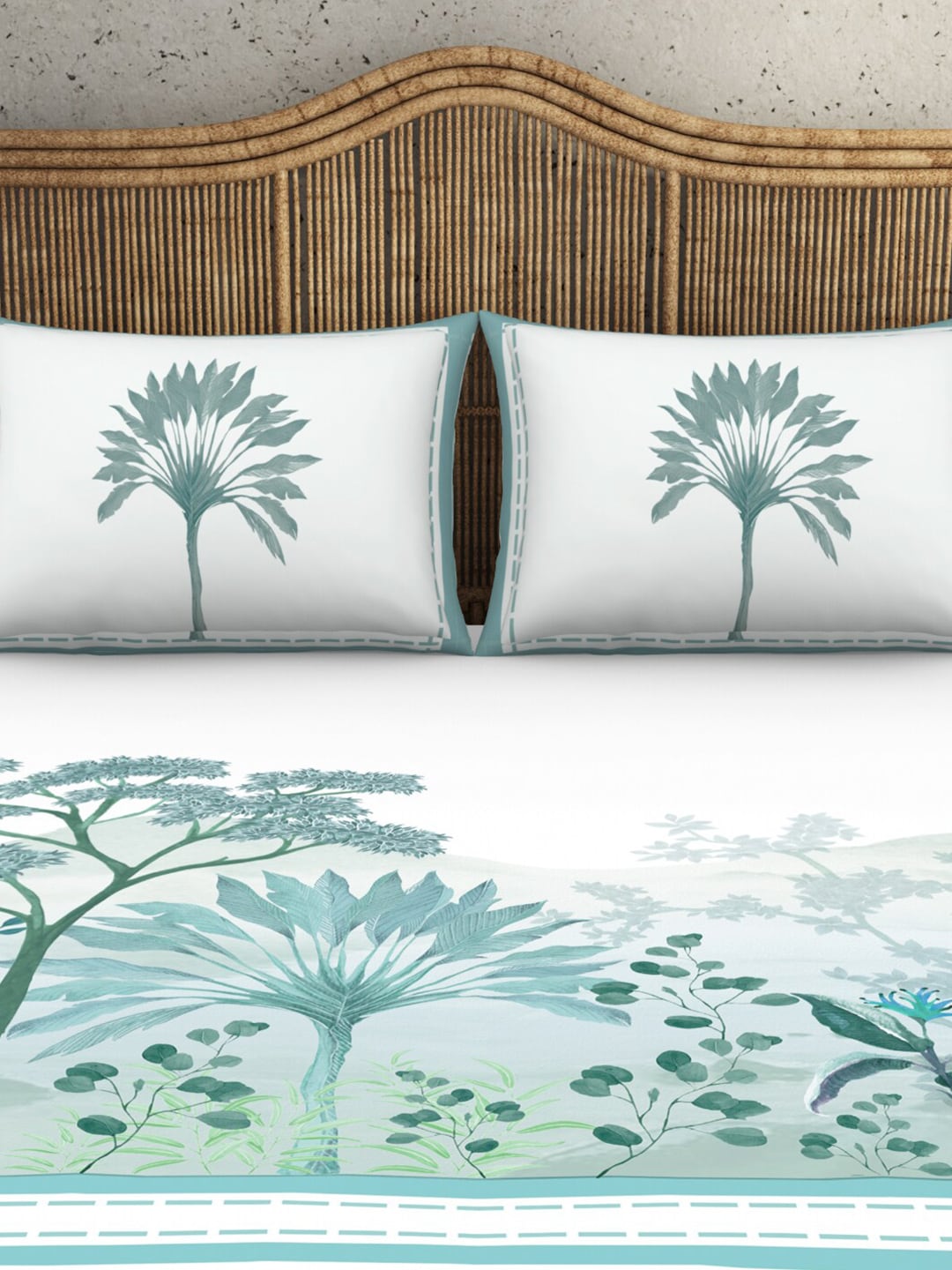 SPACES Kalakari Haath Teal Green Print Pure Cotton 210 TC King Bedsheet & 2 Pillow Covers | Grocsy